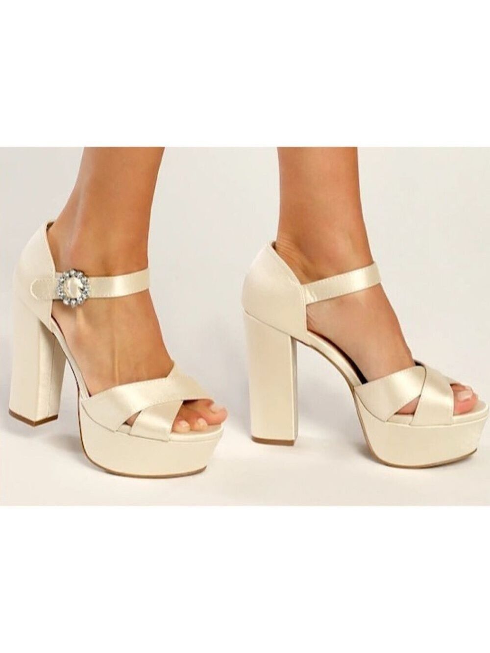 NWOT Ivory Satin Rhinestone Ankle Strap Heels - Size 6.5